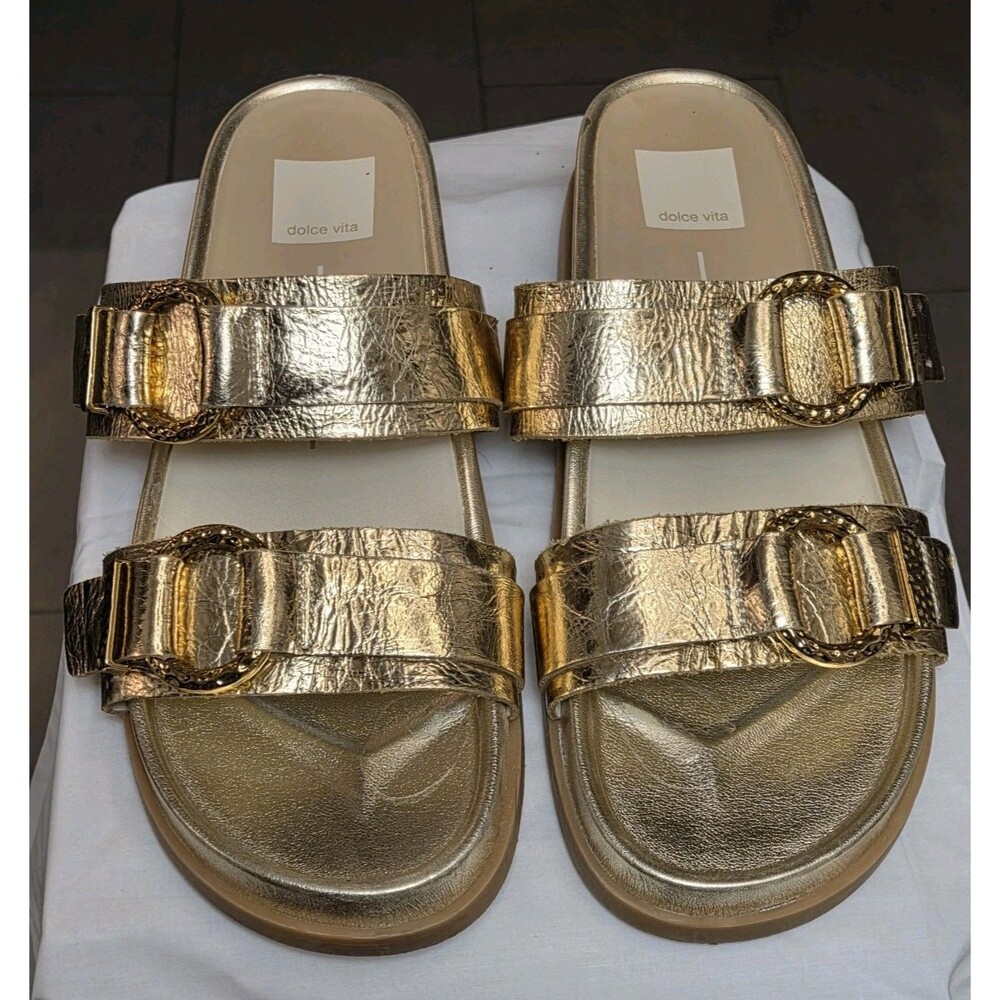 DOLCE VITA Soya Leather Sandals Women's Size 7.5 Distressed Gold Slides Comfort